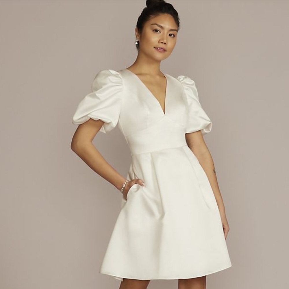 NWT Short Satin puff sleeve dress with empire waist from David’s Bridal